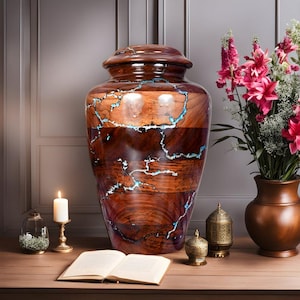 Handcrafted Rosewood Cremation Urn: Blue Resin Inlay, Memorial Keepsake
