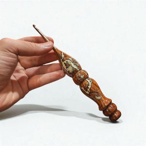 Handmade Ergonomic Wooden Crochet Hook with Resin Inlay | Comfortable Grip Hook for Smooth Crocheting | Size Customizable