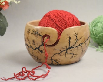 Yarn Bowl Wooden, Lichtenberg Figure/Wooden Large Yarn Bowl for knitting, organizer handmade wooden yarn bowl