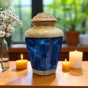 Handcrafted Maple Wood & Blue Resin Cremation Urn: Small Memorial Keepsake