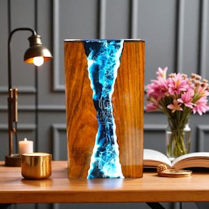 Handmade Wooden Cremation Urn: Ocean Blue Resin Inlay, Adult Ashes Memorial