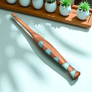 Handmade Ergonomic Wooden Crochet Hook with Aqua Resin Inlay Large Size Crochet Needle | Artistic Comfort Grip Hook for Chunky Yarn Projects