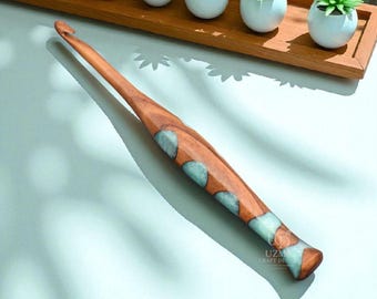 Handmade Ergonomic Wooden Crochet Hook: Aqua Resin Inlay, 7 Inch