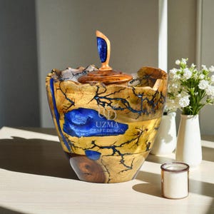 Fractal Burn Cremation Urn: Handmade Wood & Blue Epoxy Resin Art