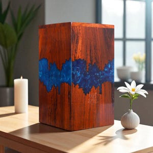 Handgefertigte Urne aus Rosenholz mit blauem Harz