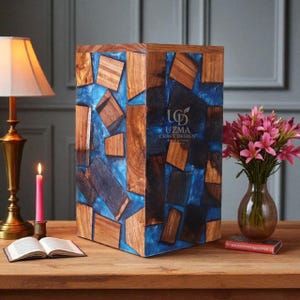 Handmade Wooden Cremation Urn: Ocean Blue Resin Mosaic, Memorial Keepsake