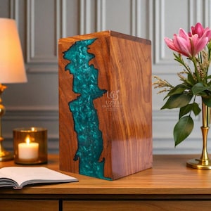 Handmade Wooden Cremation Urn: Blue Resin River Inlay, Memorial Keepsake