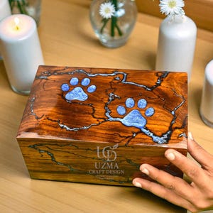 Handmade Wooden Pet Urn: Paw Print Inlay, Custom Engraved Memorial Keepsake