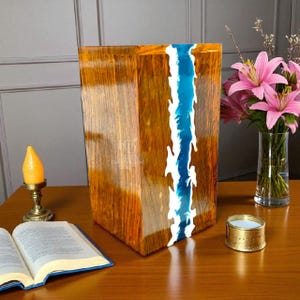 Handmade Wooden Cremation Urn: Ocean Blue Resin Wave, Memorial Keepsake