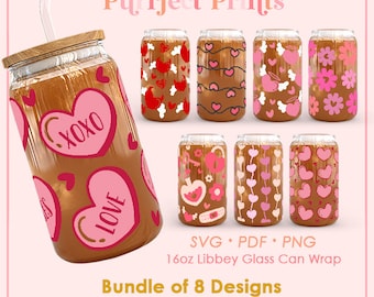 16oz Glass Can Full Wrap SVG Bundle, Valentines Day Libbey Wrap svg, Daisy Flowers Love Hearts Beer Can, Pink Valentine svg pdf png Cut File