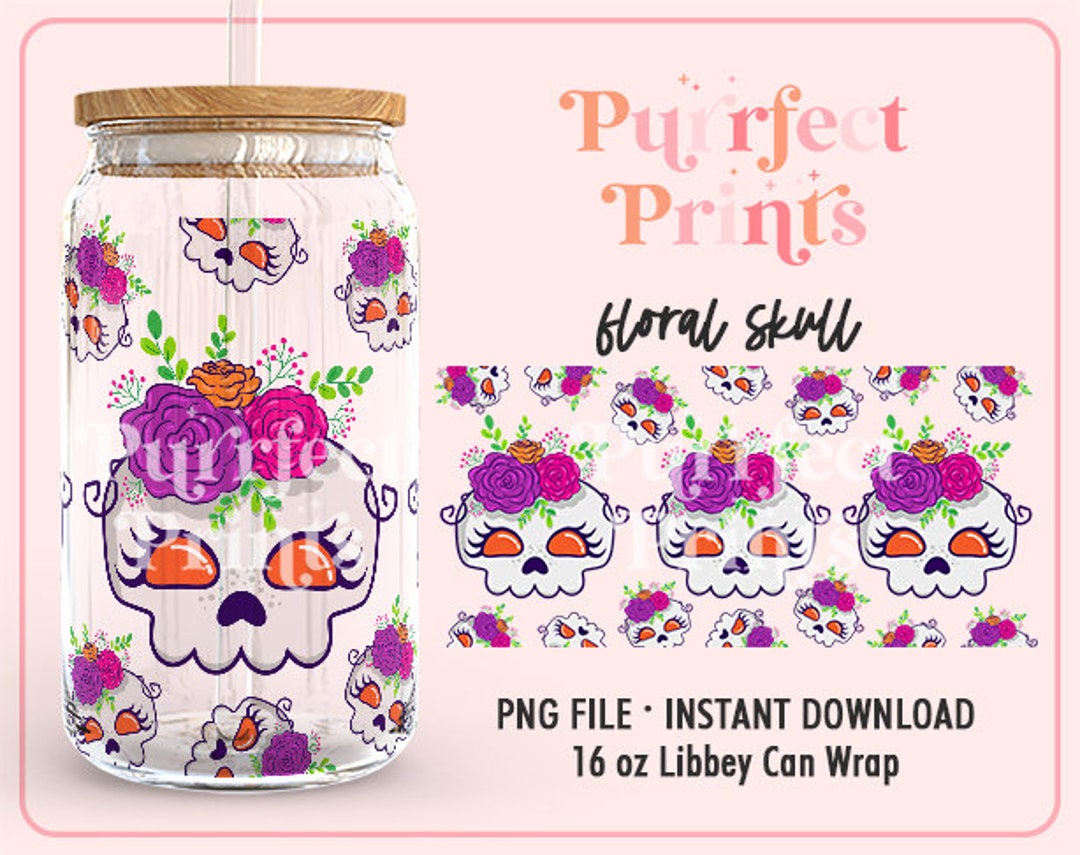 Floral Skull PNG, Sugar Skulls Wrap for 16oz Libbey Can Glass, Glass ...