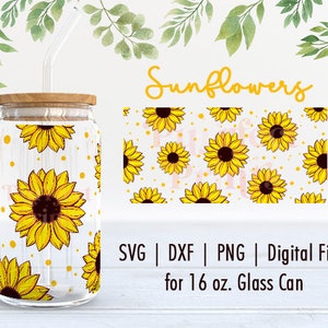 Desenho de girassol SVG DXF PNG | Copo de cerveja svg | Presente para mamãe | Vidro pode embrulhar svg | Envoltório completo de Libbey | Download instantâneo de arquivos de corte digital