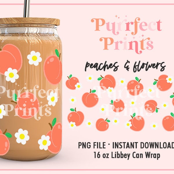 Peaches and Flowers PNG, Fruit png, Full Wrap for 16oz Libbey png, Cute Libbey Wrap png, Trendy Cup Wrap, Summer Libbey Glass Wrap PNG File
