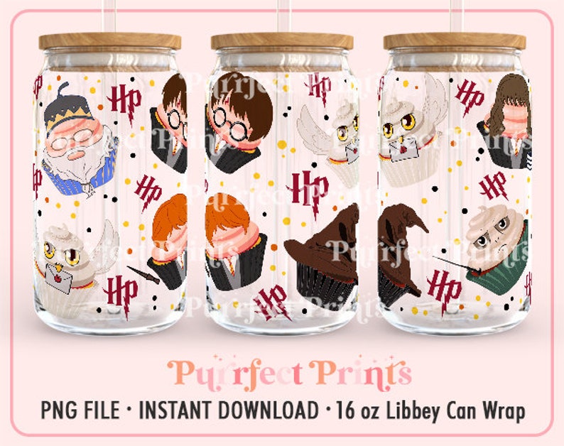 May include: Three 16 ounce glass can wraps featuring a Harry Potter theme. The wraps feature a variety of Harry Potter characters and symbols, including Harry Potter, Hermione Granger, Ron Weasley, Dumbledore, and the Hogwarts crest. The wraps are printed on a clear background with a white border.
