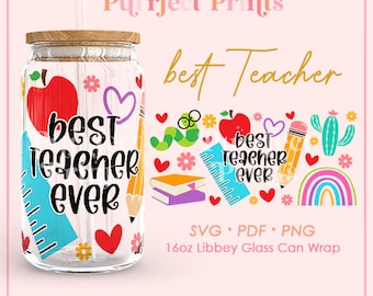 Best Teacher Ever 16oz Glass Can Full Wrap SVG, Libbey Glass Wrap svg, Hearts Pattern Libbey Glass Can svg, School Teacher Gift svg pdf png