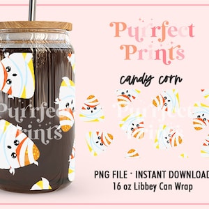 Puede incluir: Una envoltura para lata de 16 onzas con un patrón de maíz dulce con caras lindas. La envoltura está diseñada para adaptarse a una lata Libbey. El texto "Purrfect Prints" y "candy corn" está incluido en el diseño.