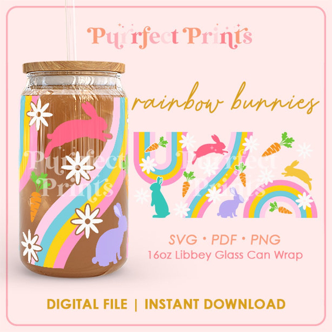Rainbow Bunnies 16oz Libbey Glass Can Full Wrap SVG, Spring Flowers ...