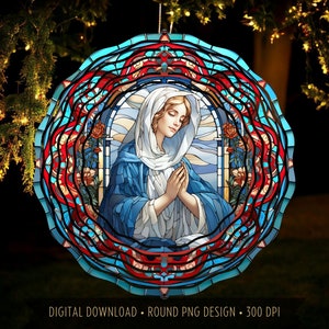 Heilige Maagd Maria wind spinner sublimatie ontwerp, christelijke wind spinner ronde gebrandschilderd glas kerststal png digitaal bestand