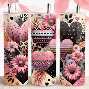 Roze zwarte harten Valentine Tumbler Wrap sublimatie ontwerpen digitale download PNG-bestand, gouden glitter 20 Oz Tumbler Design