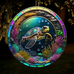 3D-Schildkröten-Windspinner, PNG-Sublimationsdesign, 3D-Metallkunst, runder Buntglasdruck, Outdoor, Natur, Meer, digitaler Download