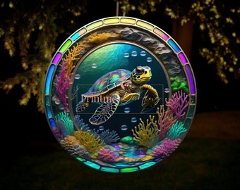 3D Turtle Wind Spinner, PNG Sublimation Design, 3D Metal Art, Round Stained Glass Print, Outdoor, Nature, Sea, Digital Download