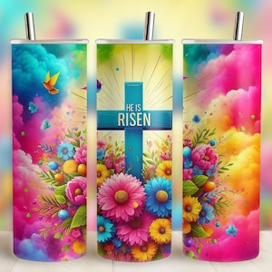 Envoltura de vaso floral de primavera de Pascua cristiana, Él ha resucitado 20oz Vaso Diseño de sublimación Archivo PNG digital, Cruz de Jesús, Vaso de versículo bíblico