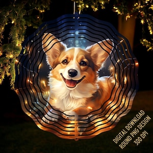 Corgi 3D Wind Spinner Plantilla de diseños de sublimación, Christmas Windspinner Diseño Png redondo de 10 pulgadas, Spinners colgantes al aire libre Png