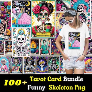 100+ grappige tarotkaartbundel png, snarky skeletsublimatieontwerp, trendy Witchy sarcastische schedel moeder tarot T-shirt png digitale download