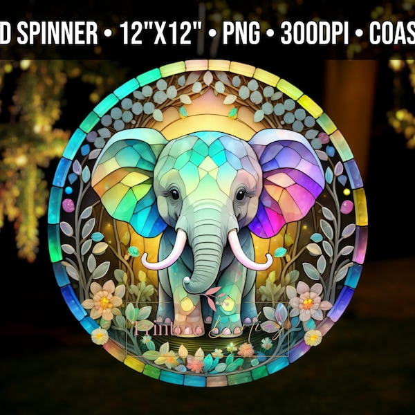 Baby Elephant 3D Wind Spinner Png Sublimation, Round Stained Glass Design, Woodland Animal Png, Suncatcher Png, Digital Download