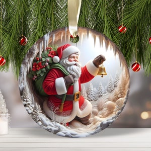 Père Noël avec sac cadeau Design en sublimation ornement de Noël PNG, 3D Noël rond ornements PNG, fichier numérique PNG le père Noël Jingle Bells