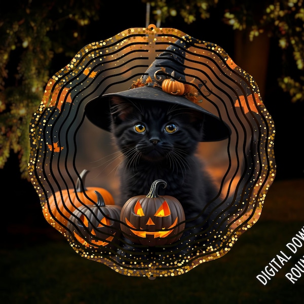 Pumpkin Cat 3D Wind Spinner Sublimation Designs, Fall Halloween Windspinner 10 Inch Round Png Design, Outdoor Hanging Spinners Png