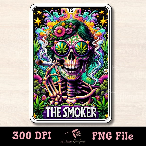 The Smoker Skeleton Tarot Card PNG, Funny Cannabis Sublimation Design, Colorful Sugar Skull Weed Pot Smoker T-Shirt Mug PNG File, Download