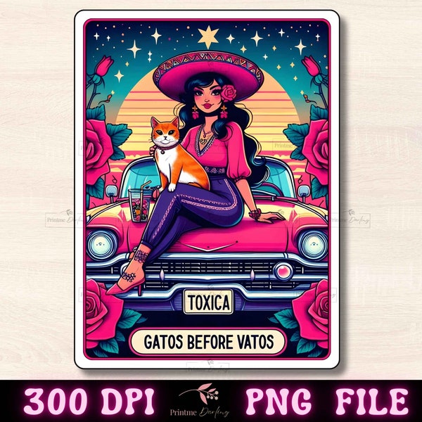 Gatos Before Vatos Tarot Card PNG, Funny Mexican Sublimation Design, Spanish Loteria Chicana Girl Latina Cat Lady Tarot T-Shirt Mug Png File