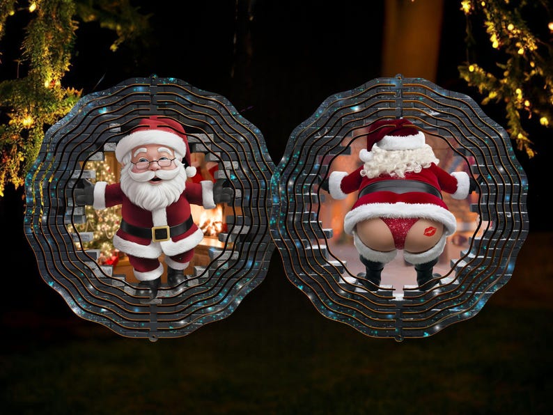May include: Two round, black and silver, wind spinners with a Christmas theme. One features Santa Claus peeking out of a brick wall, while the other features Santa Claus's backside with a red heart on it.