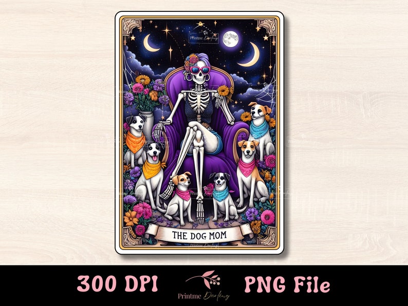 K&ouml;nnte beinhalten: Eine digitale Illustration eines Skeletts, das eine Sonnenbrille und eine lila Robe tr&auml;gt und auf einem Thron mit f&uuml;nf Hunden sitzt. Die Hunde tragen alle Halsb&auml;nder und sitzen oder stehen um das Skelett herum. Der Hintergrund ist ein dunkelblauer Nachthimmel mit Sternen und einem Halbmond. Der Text "The Dog Mom" steht am unteren Rand des Bildes.