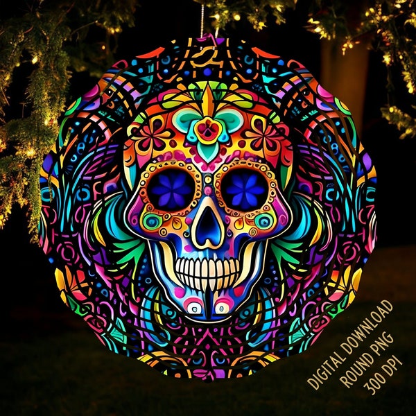 Sugar Skull Wind Spinner Sublimation Designs Mandala Windspinner 8" 10" Round Png Stained Glass Design Outdoor Hanging Spinners Png