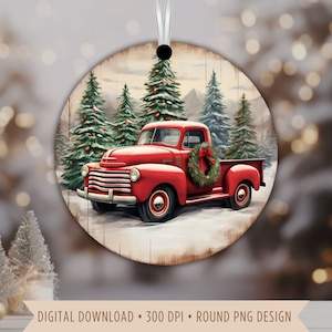 Camion rouge avec sublimation d'ornement de sapin de Noël, ornement rond de Noël PNG, couronne rustique vintage, fichier numérique