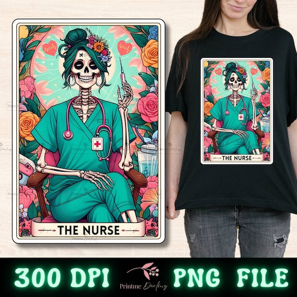 De verpleegster Tarot Card PNG, grappig skelet verpleegster sublimatie ontwerp, Witchy moeder grappige verpleegkunde student T-shirt mok PNG-bestand, digitale download