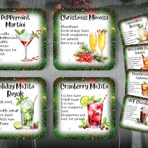 Puede incluir: Conjunto de 8 posavasos coloridos con recetas de bebidas festivas para las fiestas. Cada posavasos presenta una ilustración de acuarela de una bebida y sus ingredientes, sobre un fondo verde y rojo. Las recetas incluyen Peppermint Martini, Christmas Mimosa, Eggnog White Russian, Sangría de sidra de manzana especiada, Holiday Mojito Royale, Cranberry Mojito, Gingerbread Old Fashioned y chocolate caliente.