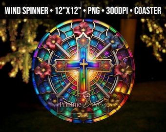 3D Western Cross Wind Spinner Design, Round Stained Glass Sublimation Png, Religious Spinner, Suncatcher Png , Digital Download