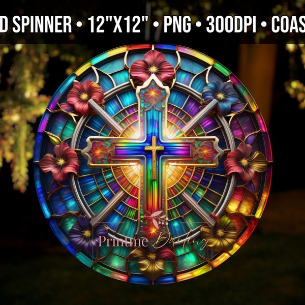 3D Western Cross Wind Spinner Design, Round Stained Glass Sublimation Png, Religious Spinner, Suncatcher Png , Digital Download