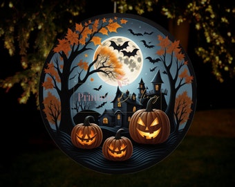 Spooky Vibes Wind Spinner 3D Sublimation Design, Fall Pumpkin Wind Spinner, Retro Halloween Png Round Hanging Decors