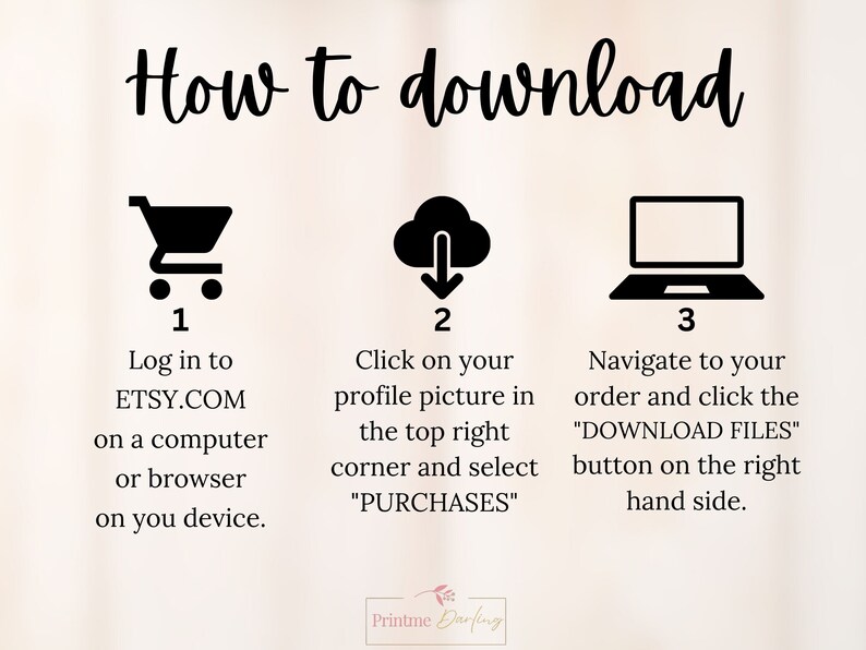 K&ouml;nnte beinhalten: Eine dreistufige Anleitung zum Herunterladen digitaler Dateien von Etsy.com. Die Schritte werden mit Symbolen f&uuml;r einen Einkaufswagen, eine Wolke mit einem Download-Pfeil und einen Laptop veranschaulicht. Der Text erkl&auml;rt, wie Sie sich bei Etsy.com anmelden, auf Ihr Profilbild klicken, um auf Ihre Eink&auml;ufe zuzugreifen, und zu Ihrer Bestellung navigieren, um die Dateien herunterzuladen.