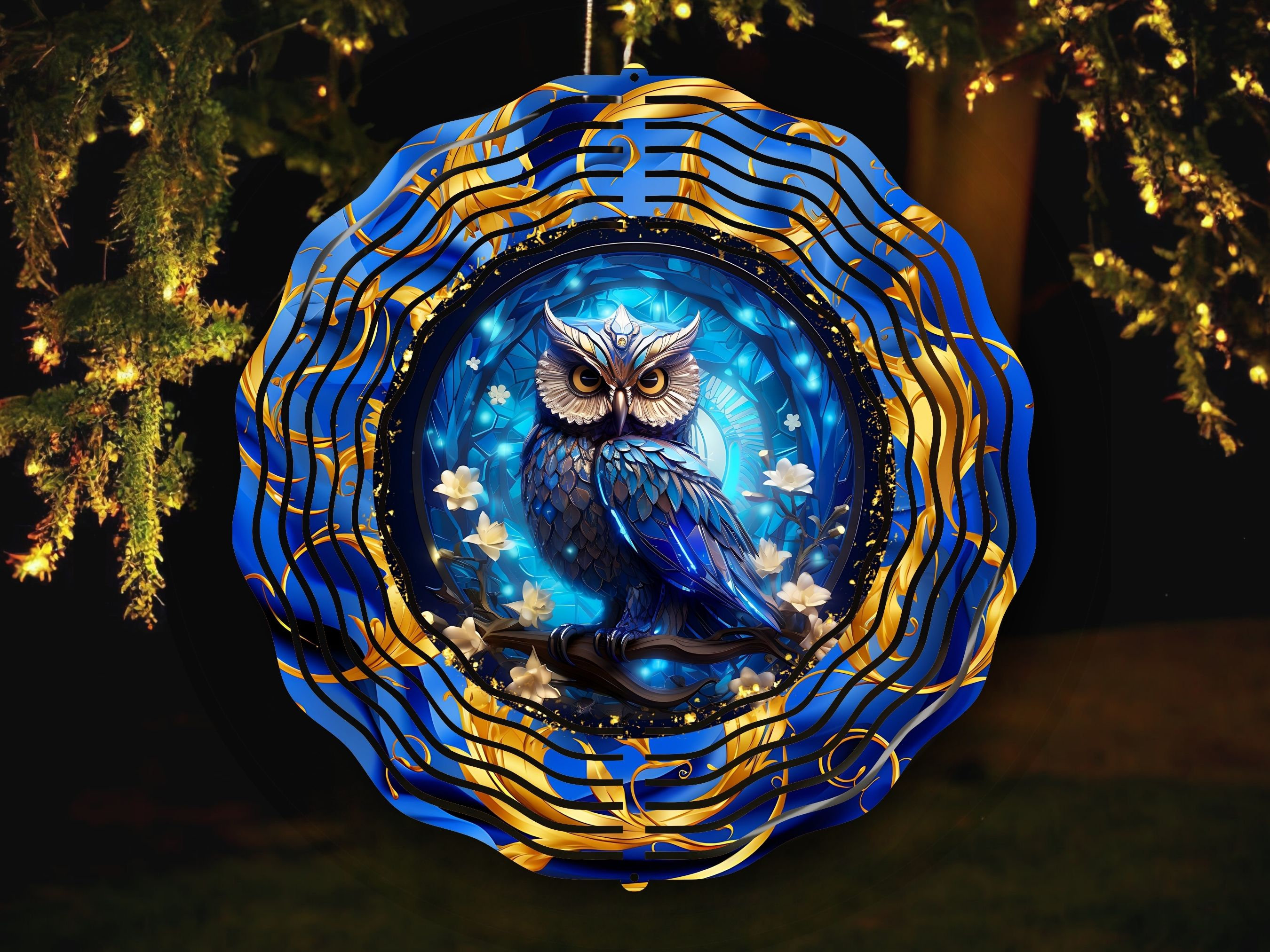 Magical Owl Wind Spinner PNG, Mystical Blue Owl Wind Spinner Sublimation Design, Vibrant Celestial O