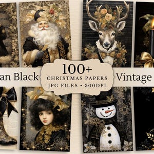 Black Gold Vintage Christmas Digital Paper Printable Junk Journal Pages Cards Tags Victorian Ephemera Retro Santa Scrapbooking Fussy Cuts
