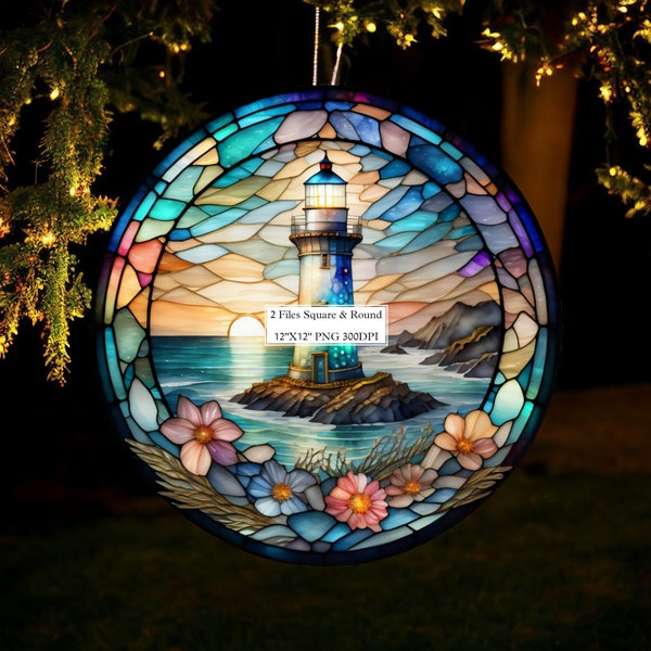 Lighthouse Coast Stained Glass Sublimation Png - Watercolor Wind Spinner - Garden Hanging - Outdoor Decor - Stained Glass Paper Pattern