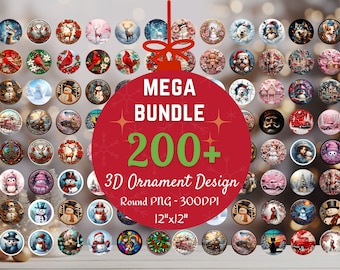 200 Christmas Ornaments Bundle PNG Round Sublimation Designs, 3D Christmas Break Through Ornament Bundle, Digital Download Files