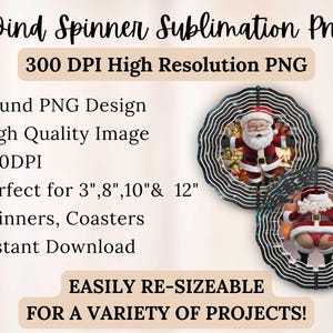 May include: Two round sublimation designs featuring a Santa Claus figure. The designs are perfect for creating 3-inch, 8-inch, 10-inch, and 12-inch wind spinners or coasters.