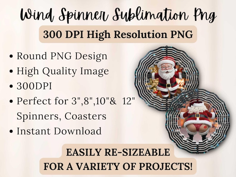 May include: Two round sublimation designs featuring a Santa Claus figure. The designs are perfect for creating 3-inch, 8-inch, 10-inch, and 12-inch wind spinners or coasters.