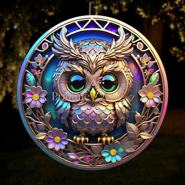 Baby Owl Wind Spinner 3D Sublimation PNG Design, 3D Metal Flower Wreath Print, 10 Inch Round Stained Glass, Halloween, Digital File
